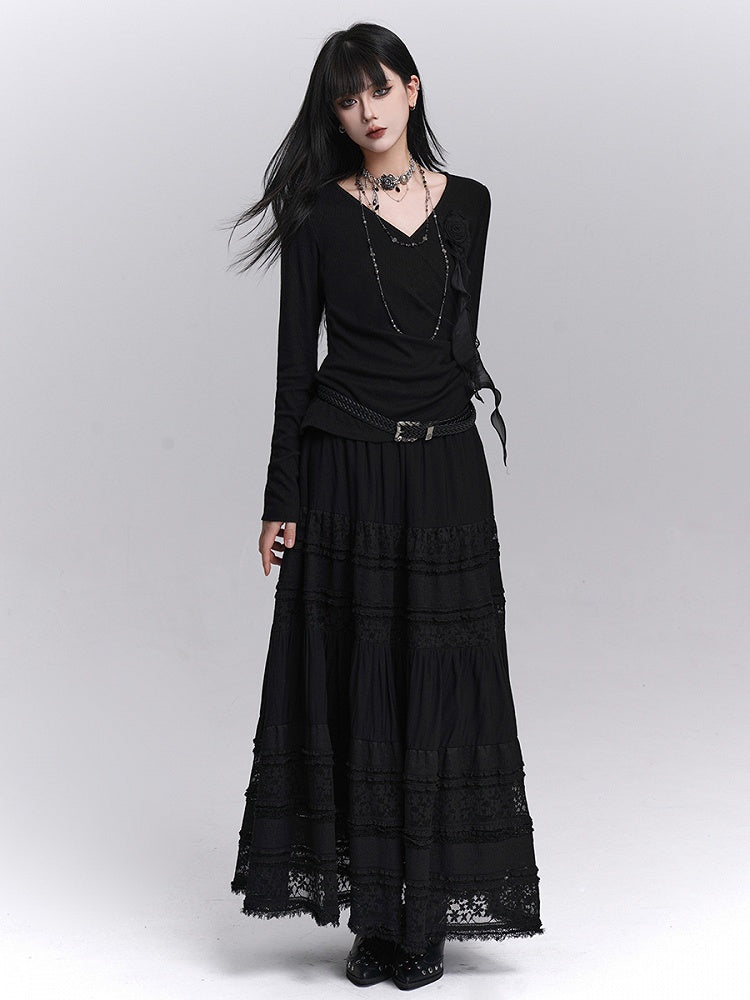 Lace Elastic Waist with Black Lining Patchwork Skirt Gothic Maxi
