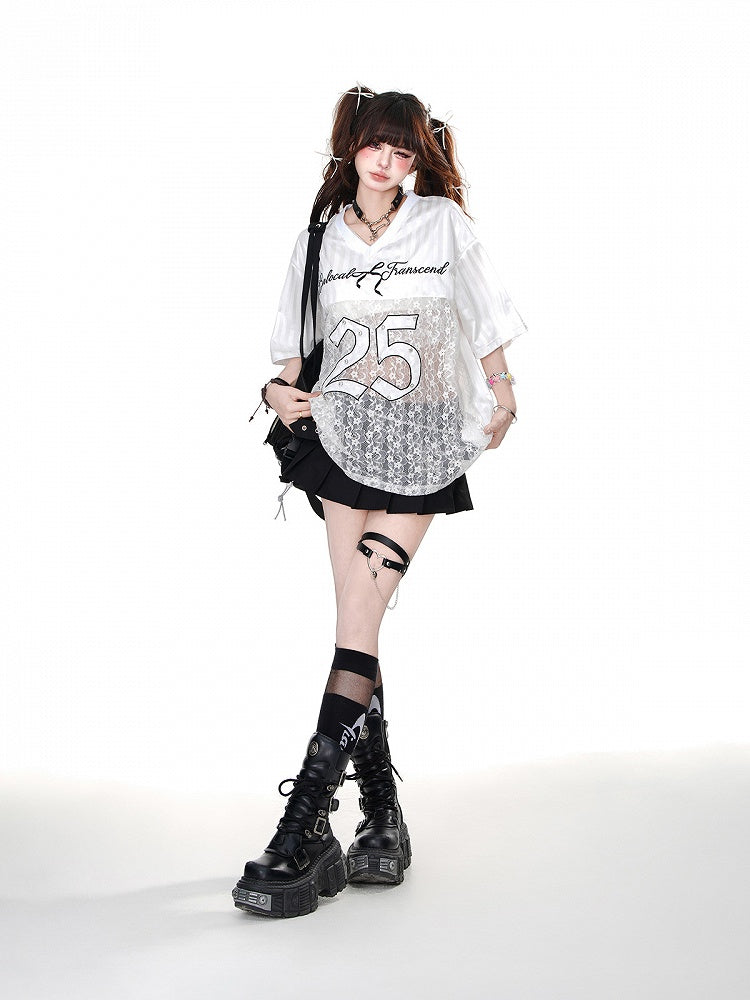 Black/White V-Neck Number Print Contrast Lace Patches Loose T-shirt
