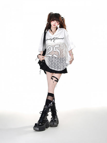 Black/White V-Neck Number Print Contrast Lace Patches Loose T-shirt