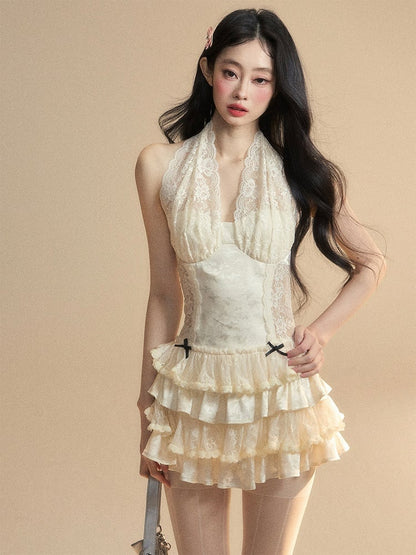 Dress Apricot Halter Neck Contrast Lace Patches Tiered Ruffles