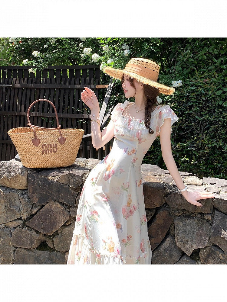 Apricot Summer Vacation Dress with Floral Pattern - Qchiwawameme