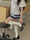 Socks White Lace Flower Details Bead Calf