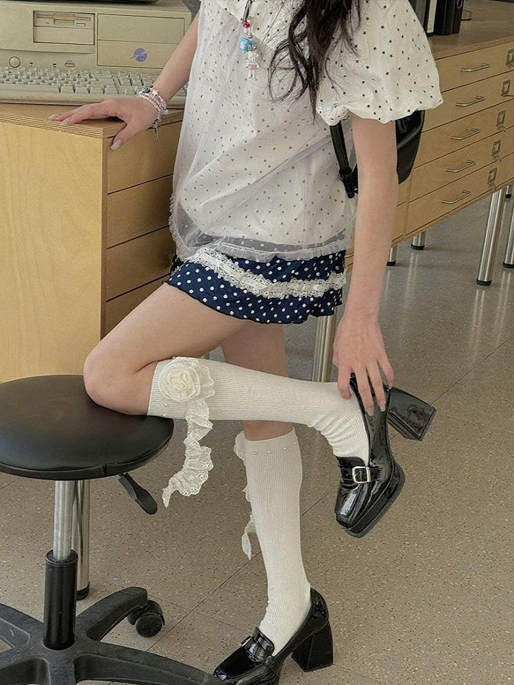 Socks White Lace Flower Details Bead Calf