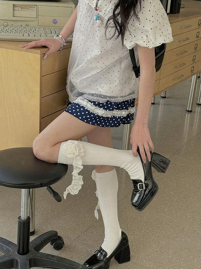 Socks White Lace Flower Details Bead Calf