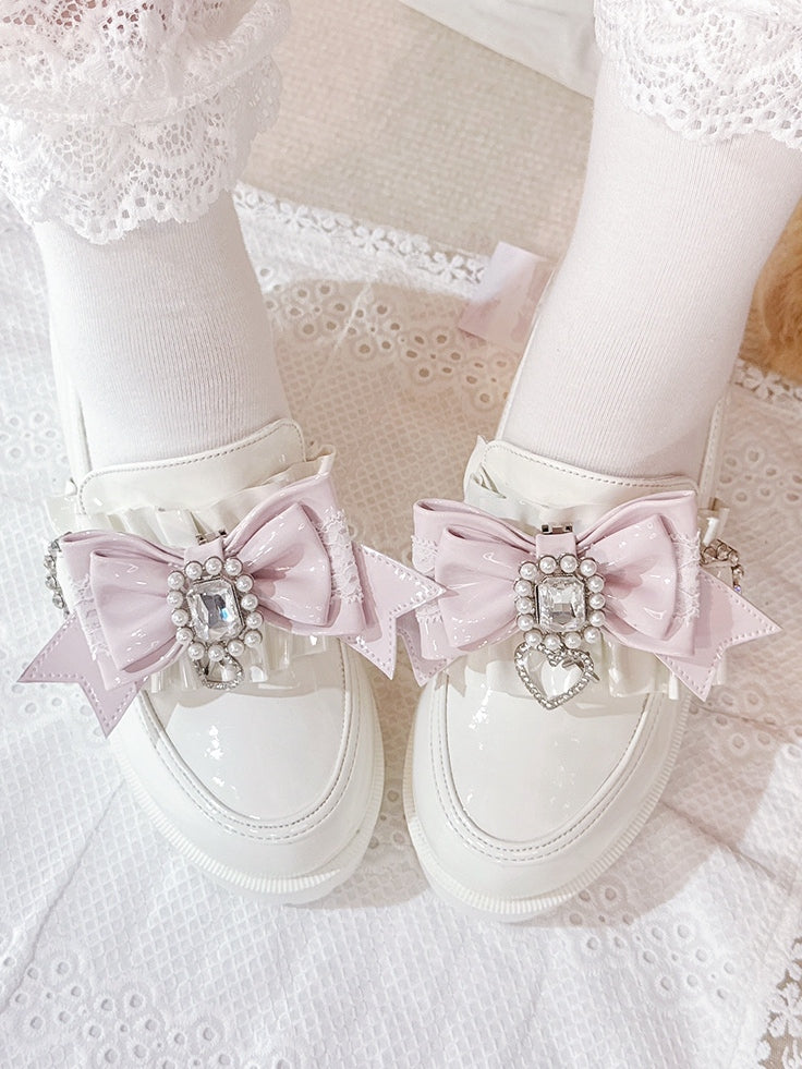 Pink Bowknot Decor Kei Shoe Jirai Black Pink/White Clips Beaded -