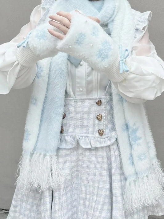 Blue Bowknot and Knit Fingerless Gloves with Light Snowflake  Bead Accents White