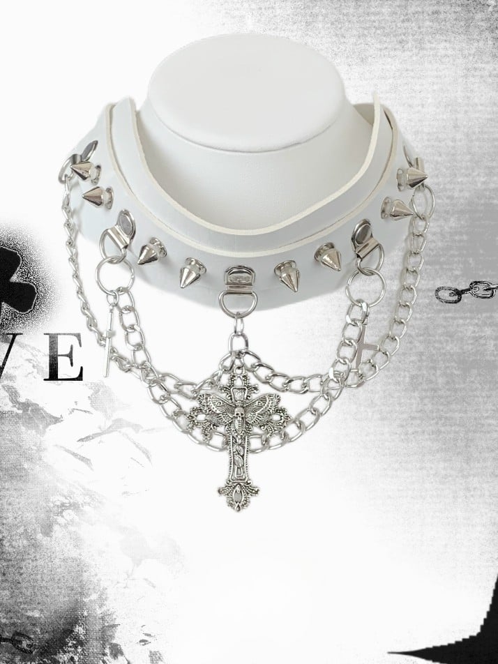 Black/White/Gray Choker Studs Charm Details Cross