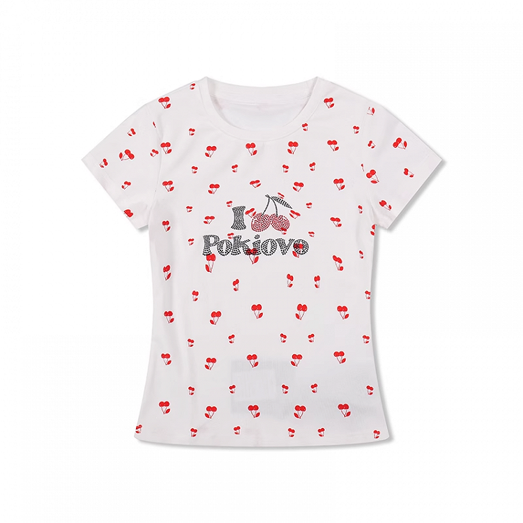 ホワイト オールオーバー チェリープリント ラインストーン レター Tシャツ