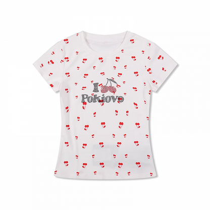 ホワイト オールオーバー チェリープリント ラインストーン レター Tシャツ