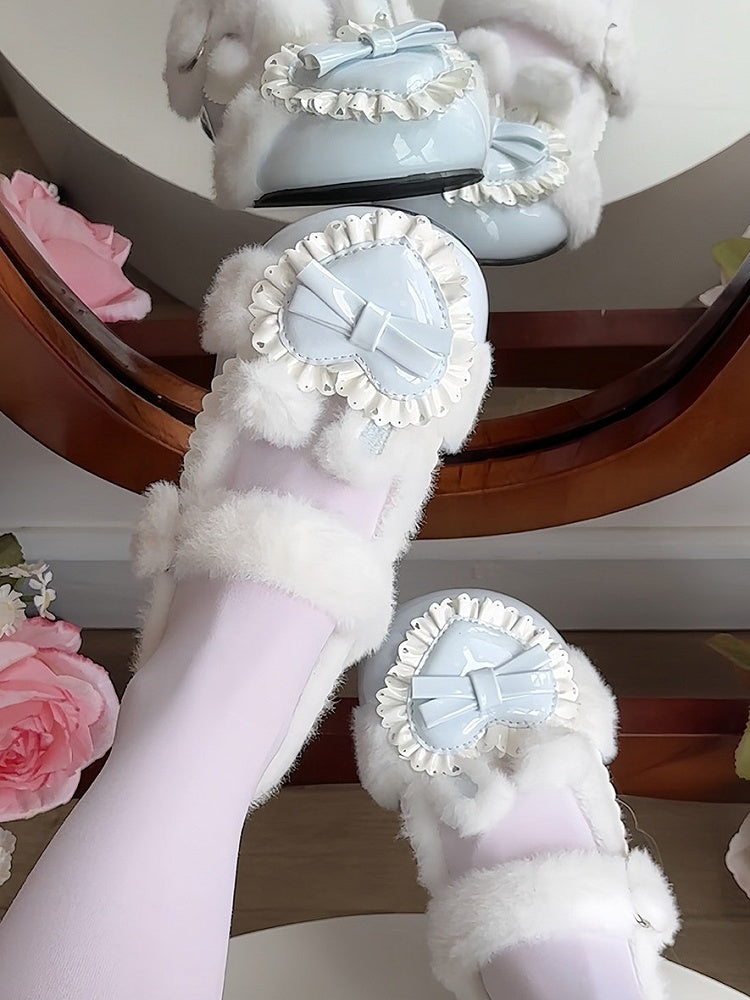 Plush Heart Light Blue Winter Lolita Round-Toe Footwear - Cute Bunny