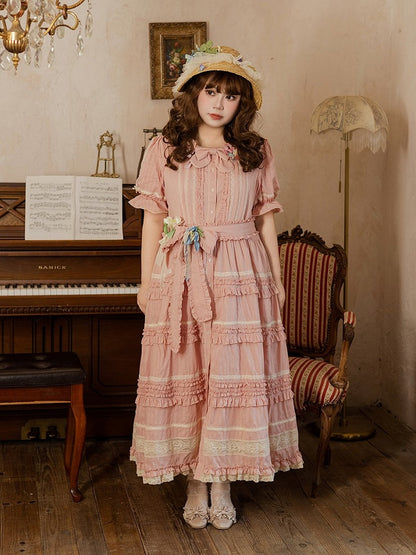 Pink Layered Ruffles Elegant Dress with Front Buttons - Miss Point