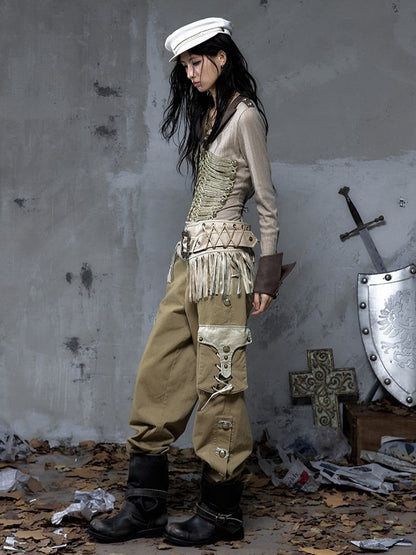 Punk Vintage Pockets Pants 3D with Khaki Cargo Dual-Tone Buttons