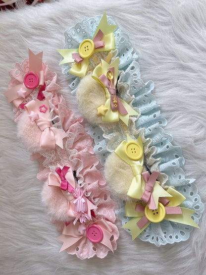 Ear Button Lolita Fluffy Lace Blue/Pink Bear Sweet With Hairband