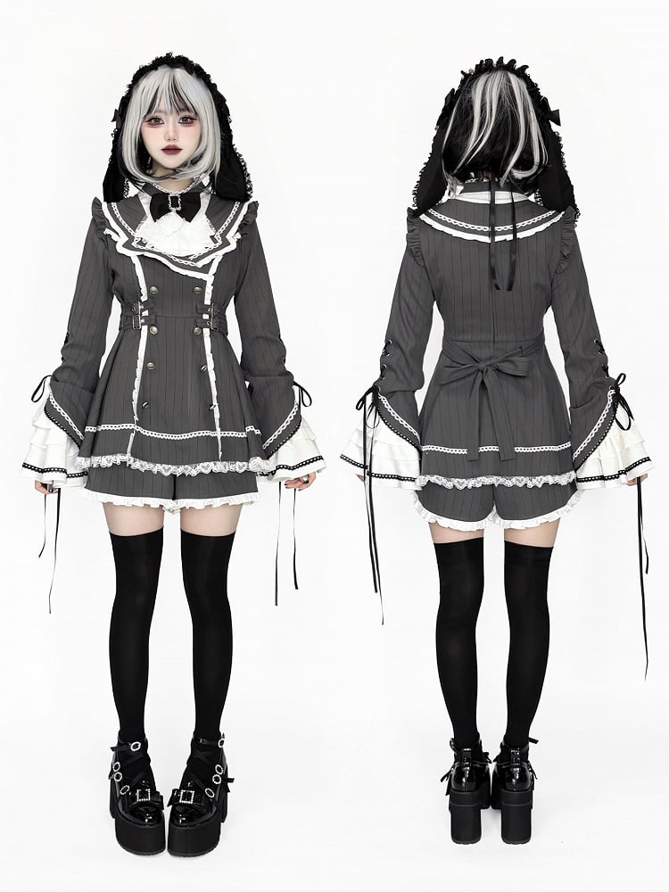 + Shorts Kei Matching Set Striped Bell Dark Jirai Sleeves Gray Dress