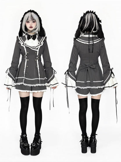 + Shorts Kei Matching Set Striped Bell Dark Jirai Sleeves Gray Dress