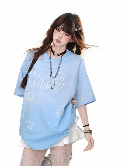 ブルー/ローズレッド ラウンドネック キティ ラインストーン ルーズTシャツ