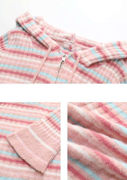 ブラック柄ストライプフードカーディガン / ピンク