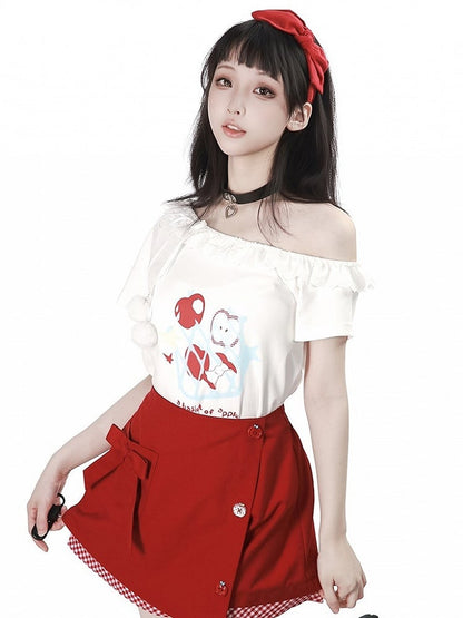 White Asymmetric T-Shirt with Apple Print and Lace - PINK SAVIOR