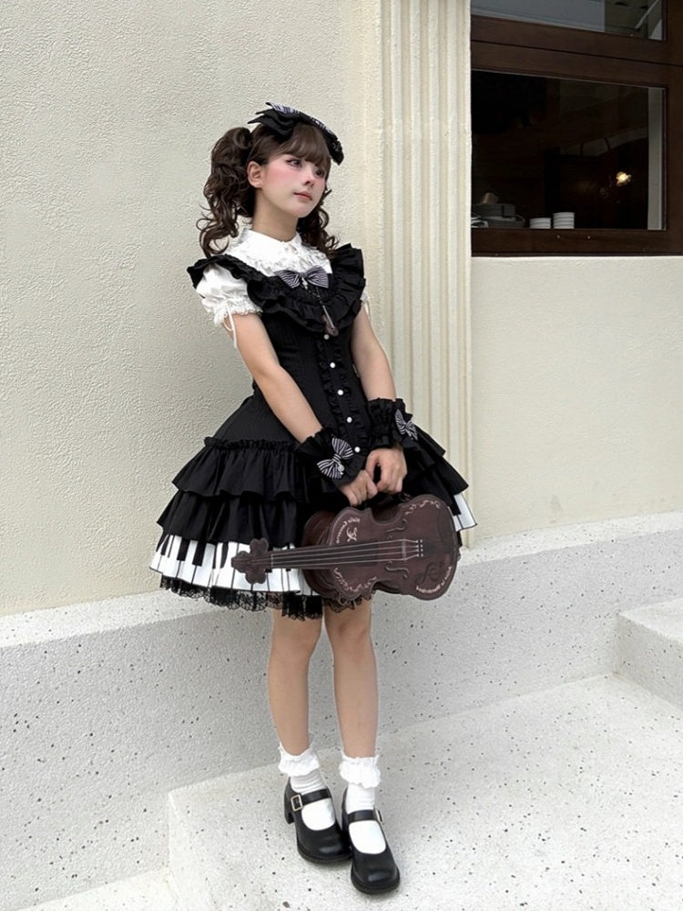 Piano Motif JSK Dress in Black and White with Bow Accents and Ruffled Trim - Wuyu Love Letter