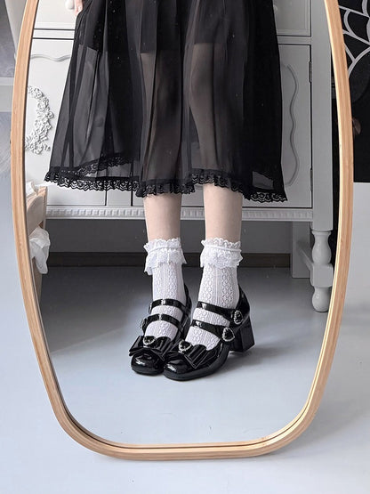 Elegant Black Square Toe Mary Jane Shoes with Heart Decor Buckle Straps - Transfer Student