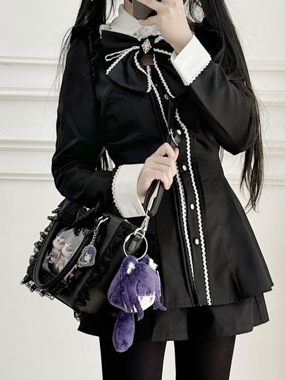 ジライ装飾の蝶結び付きイタトリムフリーホルダーレースビーズカードバッグハートケイPVCブラック