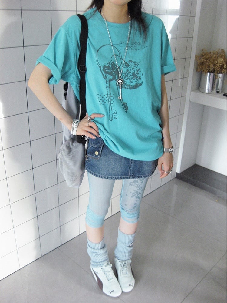 Casual Kawaii Cyan Round Neck Short Sleeve Tee with Key Print