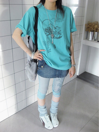 Casual Kawaii Cyan Round Neck Short Sleeve Tee with Key Print
