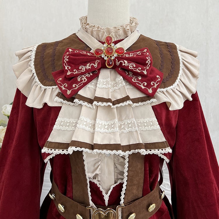 Pieces Set-Beige Ouji Aristocrat Lolita Waist Fashion Red Shirt+Coat+High Christmas Three Shorts