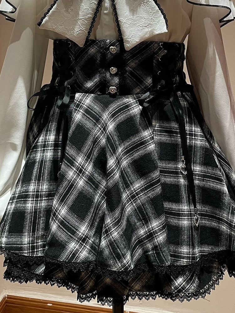 Monochrome Checkered High-Rise Lace-Trim Skirt - YoshiKi