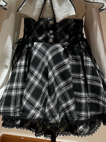 Monochrome Checkered High-Rise Lace-Trim Skirt - YoshiKi