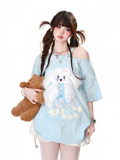 Plush Bunny Applique Criss-cross Design Cutout Shoulder Pink/Blue/Black Loose T-Shirt
