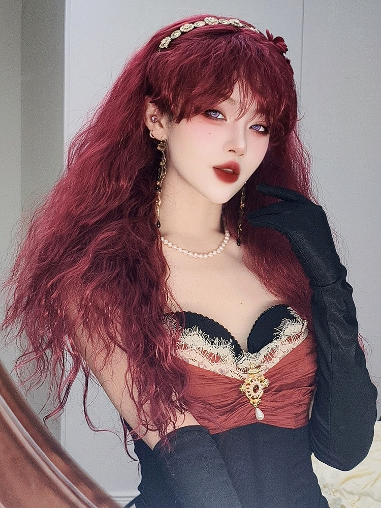 70 cm lange gewellte Perücke mit Pony, Pink/Rot