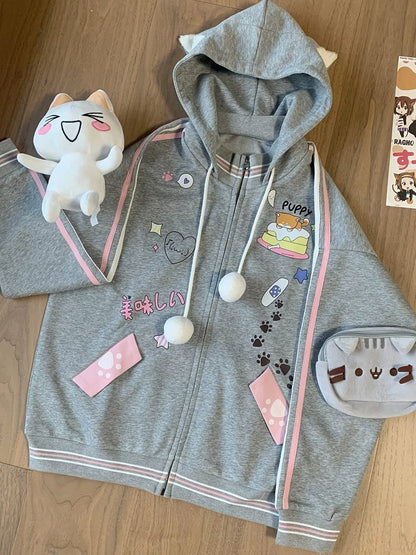 Gray Hoodie Zip-Up Pompom with Drawstring