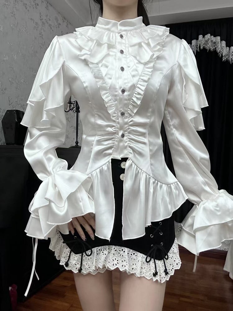 Ruffle Aristocrat White Shoulder with Lolita Cascading Blouse Ouji Panels