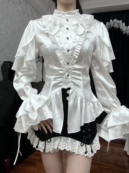 Ruffle Aristocrat White Shoulder with Lolita Cascading Blouse Ouji Panels