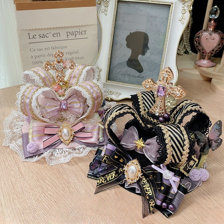 Pink/BlackPurple Crown Decorated Rhinestone Bowknot Design Details Pompon Cross Mini Hat