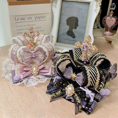Pink/BlackPurple Crown Decorated Rhinestone Bowknot Design Details Pompon Cross Mini Hat