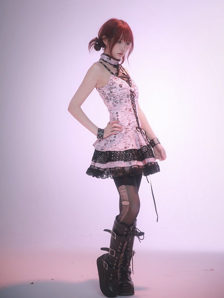 ピンクプリントのノースリーブレーストリムパンクロックドレス