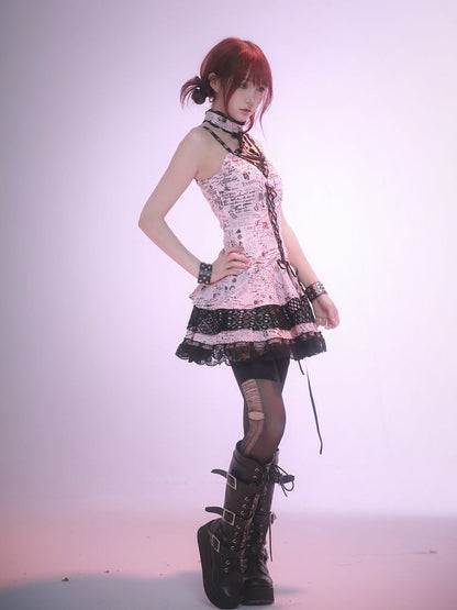 ピンクプリントのノースリーブレーストリムパンクロックドレス