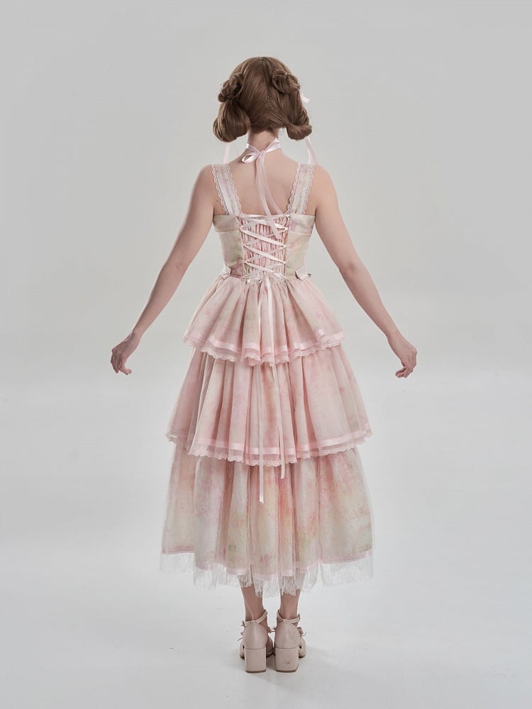 Print Dress JSK and Hem Painting Lolita Detail Oil Embroidery Tiered with Pink