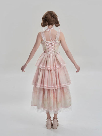 Print Dress JSK and Hem Painting Lolita Detail Oil Embroidery Tiered with Pink