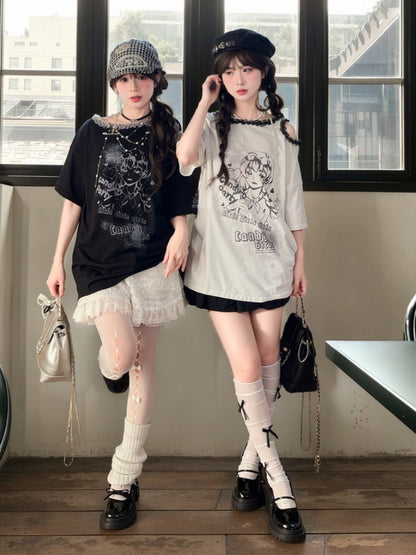 Y2K Black/White Ruffled Lace Trim Neckline T-Shirt Shoulder Cutout Girl Print Cotton