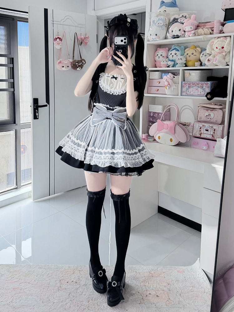 Black Square-Neck Puff-Sleeve Top, Lace & Rhinestones, with Choker - Ostslheep