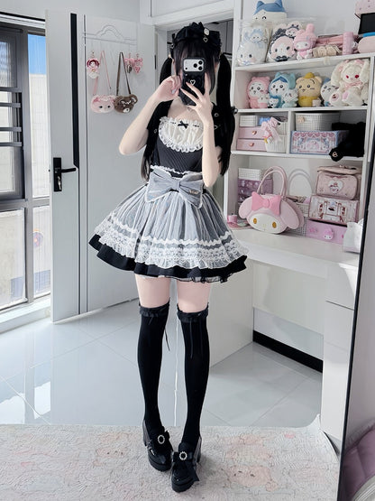 Black Square-Neck Puff-Sleeve Top, Lace & Rhinestones, with Choker - Ostslheep
