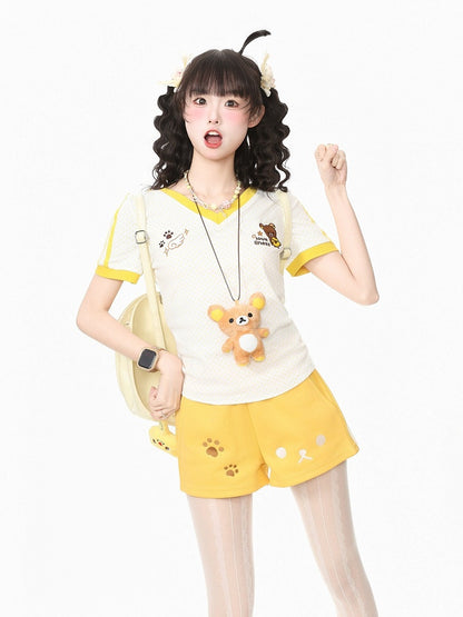 Yellow Polka Dot Tee with Bear Embroidery and Doll Necklace - Languid Park