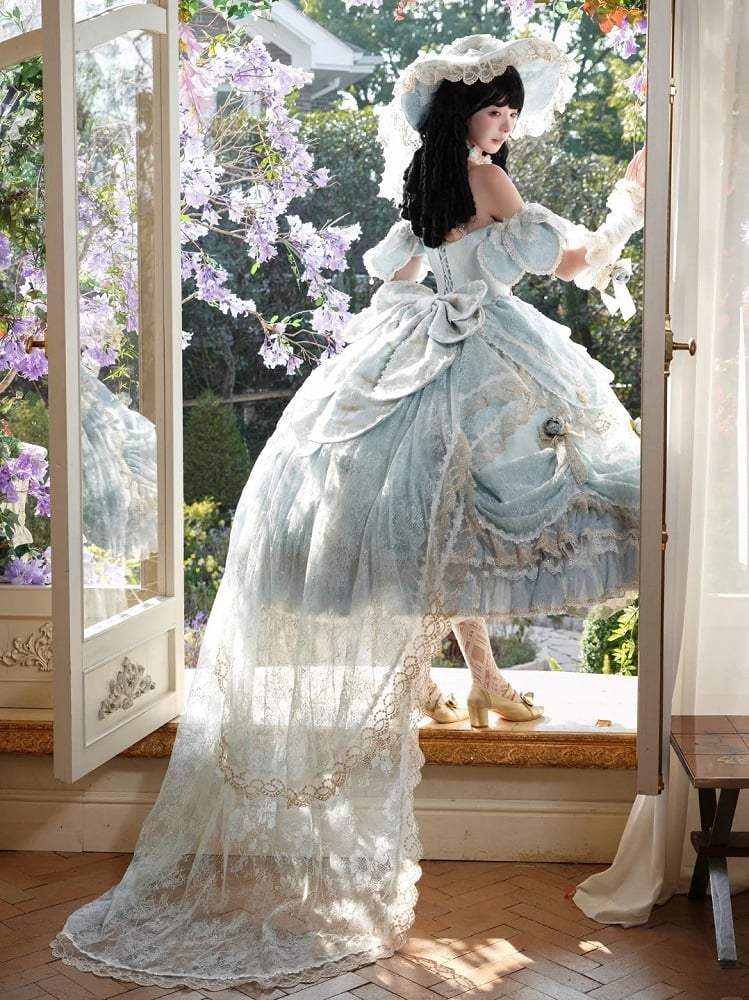 Version Light Hime Off-Shoulder Lace and with Details Gown Layered Blue Lolita Hanayome Bow Short Ruffles