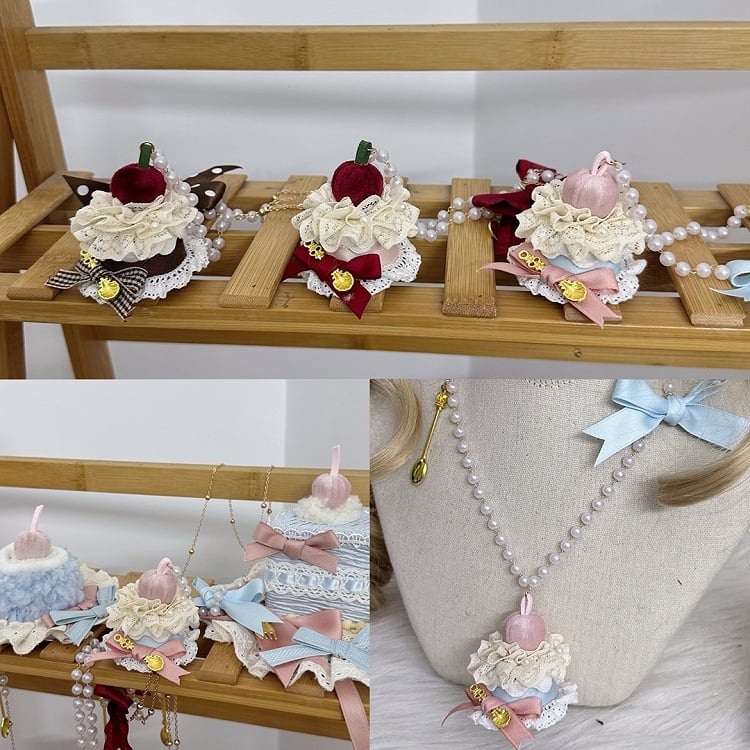 Dekorationen Lolita Sweet Cake Bow und braun/rot/blau Anhänger Perlenkette Spitze mit