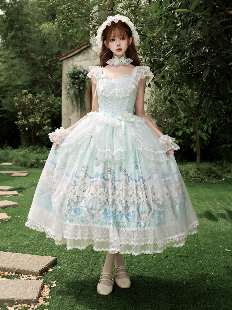 Mint Green Lolita JSK Gown with Lily Print and Tulle Overlay - White Sugar Girl