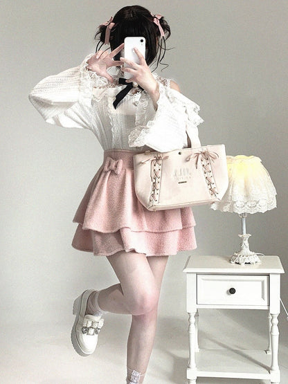 Cutout Lace Shoulder Jirai Heart 3 Colors Rhinestone Blouse Kei Button