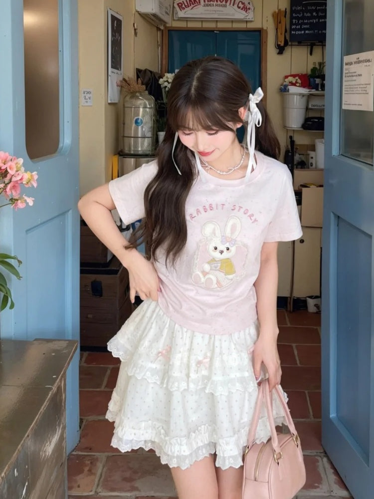 Pink Yume Adorable T-Shirt Bunny Applique Round Neck Kawaii